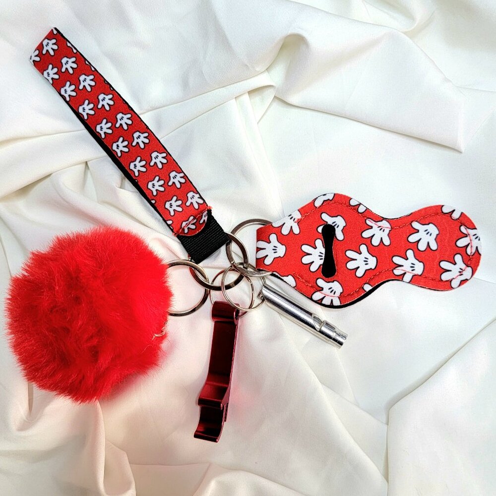 5 Piece Mickey Mouse Safety Keychain Set, Whistle, Can Opener, Chapstick Holder